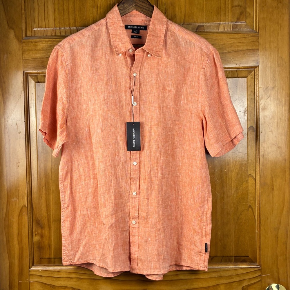 Michael Kors Mens Slim Fit 100% Linen Short Sleeve Button Down Shirt Orange L